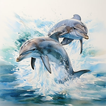 Dolphins jumping out of the water. Watercolor painting on canvas.の素材