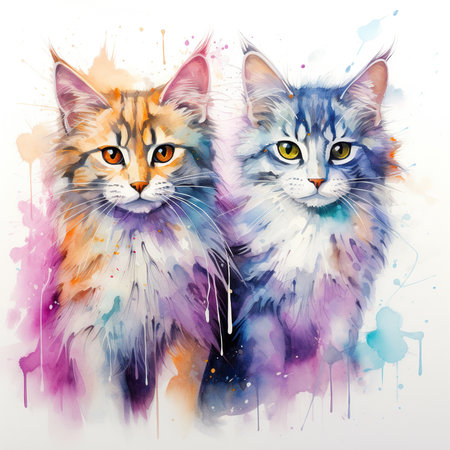 Colorful watercolor portrait of two cats on a white background.の素材