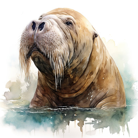 Watercolor portrait of a walrus in the water, hand drawn illustrationの素材