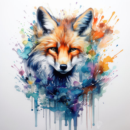 Colorful watercolor portrait of a fox on a white background.の素材