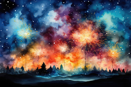 Fireworks in the night sky. Watercolor painting. Vector illustration.の素材