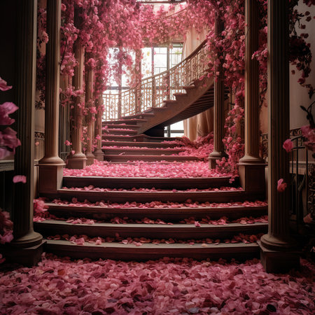 Beautiful stairs with cherry blossom petals in Paris, Franceの素材