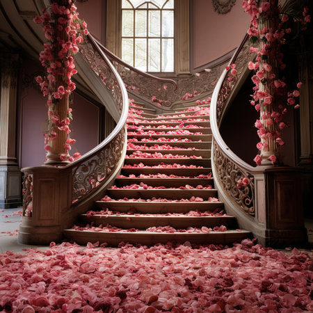 Staircase with rose petals in a royal palace, Paris, Franceの素材