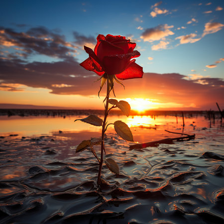 Red rose on the background of the setting sun in the salt lakeの素材