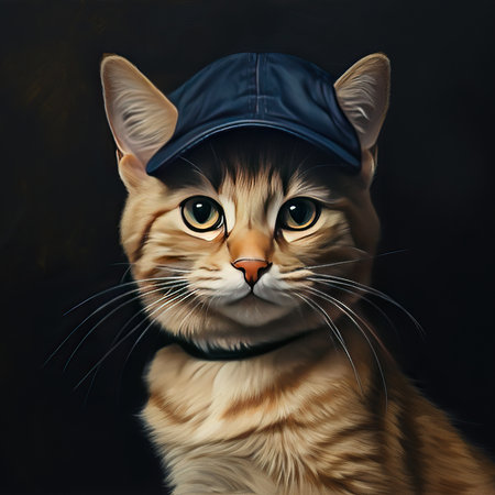 Portrait of a cat in a baseball cap on a dark background.の素材
