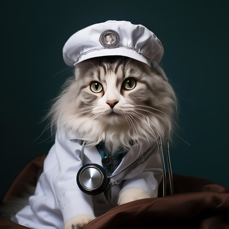 Portrait of a beautiful white cat in a medical uniform with a stethoscopeの素材