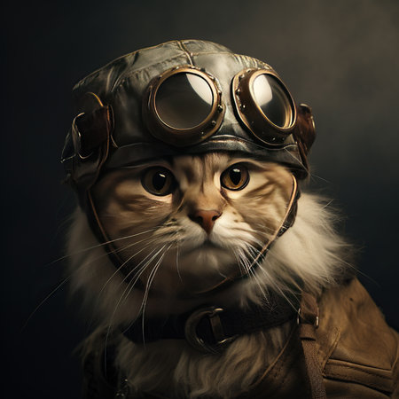 Portrait of a cat in a aviator helmet on a dark background.の素材
