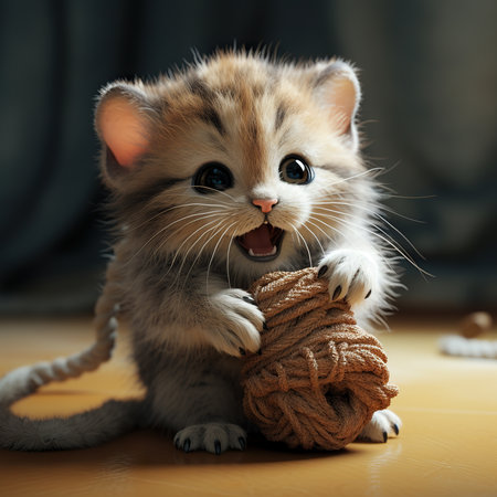 Cute little kitten playing with ball of thread on floor at homeの素材