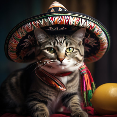Cute cat wearing mexican sombrero hat. Portrait.の素材