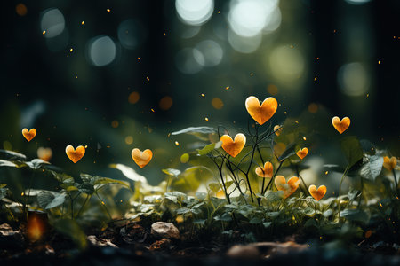 Yellow heart-shaped flowers in the forest with bokeh backgroundの素材