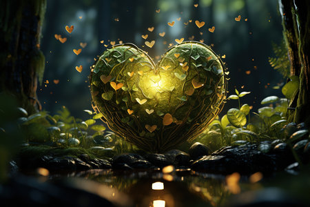 Heart in the dark forest. 3D rendering. Valentine's Day.の素材