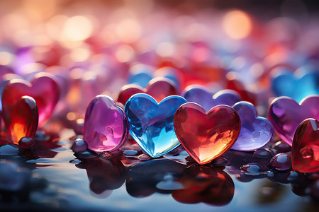 Colorful glass hearts on a dark background. Valentine's Day.の素材