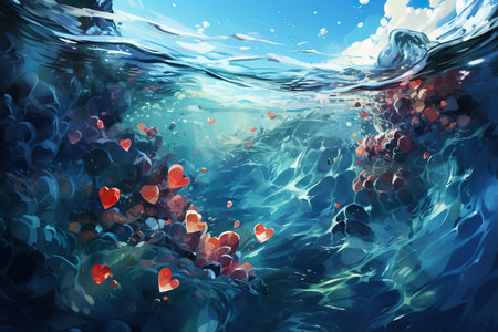 3D illustration of hearts floating in the water. Concept of loveの素材