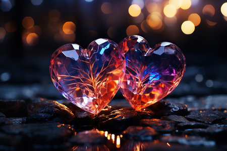 Two crystal hearts on a dark background with bokeh effect.の素材