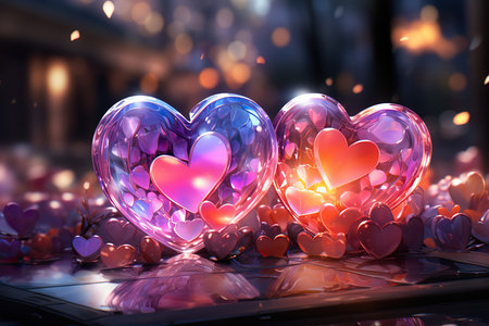 Valentines day background with glass hearts. 3D rendering.の素材