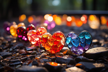 Colorful glass hearts on the ground with candles in the background.の素材