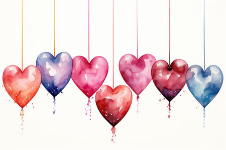 Watercolor hearts on a white background. Hand-painted illustration.の素材