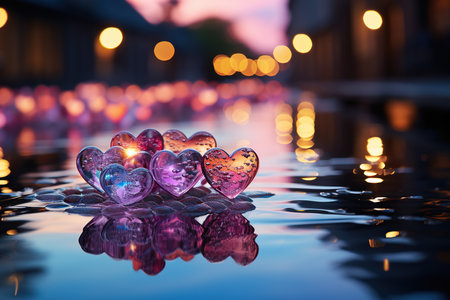 Romantic candles in the shape of a heart on the water with reflectionの素材