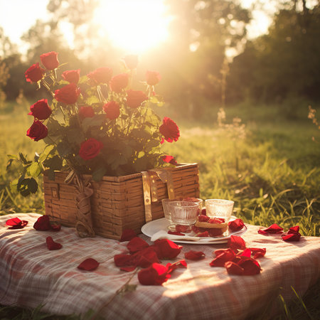 Romantic dinner in the meadow with bouquet of red rosesの素材