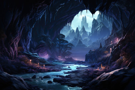 Fantasy alien planet. Mountain and river. 3D illustration.の素材