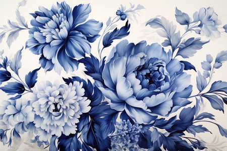 floral pattern in blue and white tone, closeup of photoの素材