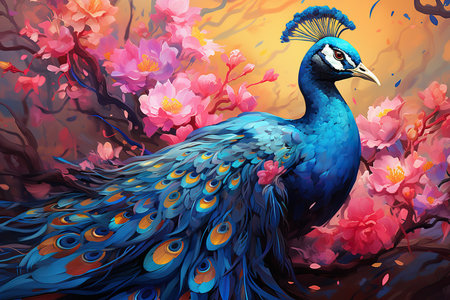 Peacock on a background of blooming sakura. Vector illustrationの素材