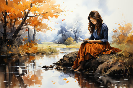 Beautiful young woman reading a book by the lake. Digital paintingの素材