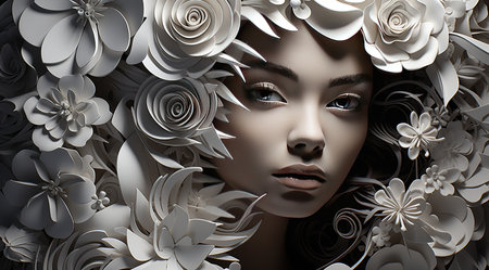 3d illustration of a beautiful woman with white flowers in her hairの素材