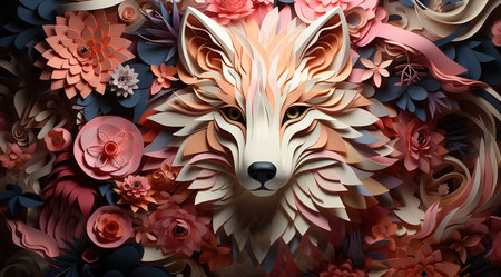 3d rendering of a fox made of paper flowers and leaves.の素材