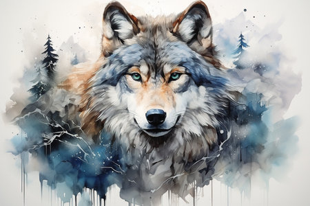 Watercolor portrait of a wolf in the forest. Hand-drawn illustration.の素材
