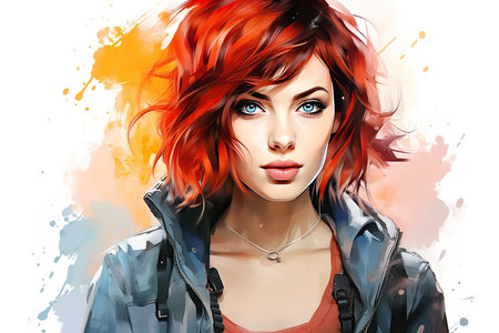 Portrait of a beautiful young woman with bright makeup and red hair.の素材