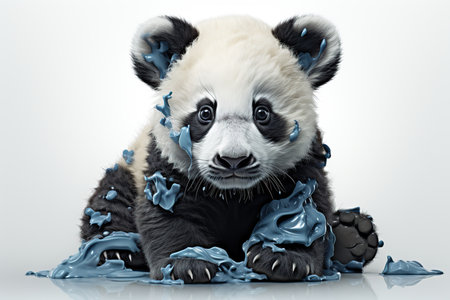 Cute panda in blue paint splashes on white background.の素材