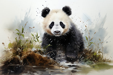 Painting of a giant panda in the water. Watercolor paintingの素材