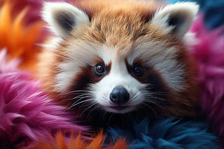 Red panda dog lying on colorful feathers, close-up.の素材