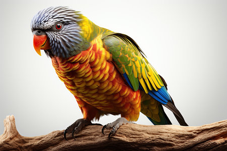 Colorful parrot sitting on a log isolated on a white backgroundの素材