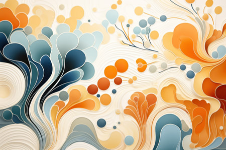 abstract background with swirls and circles in orange and blue colorsの素材