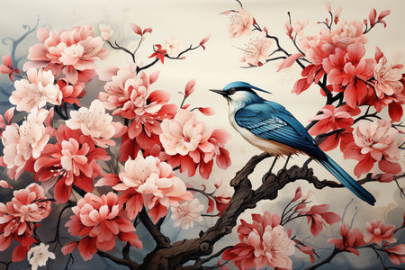 Beautiful spring sakura blossom with blue bird, watercolor paintingの素材