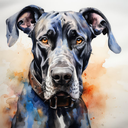 Portrait of Great Dane dog with watercolor background. Digital painting.の素材