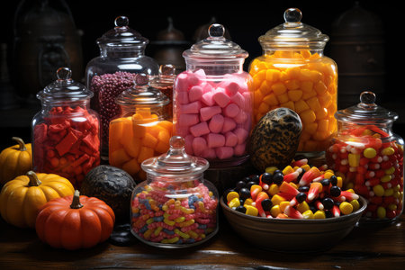 Colorful candies in glass jars on wooden table. Halloween backgroundの素材