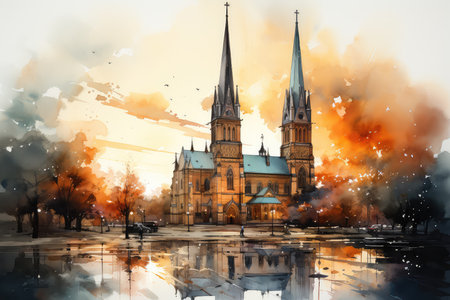 Church of Our Lady before Tyn in Prague, Czech Republic. Watercolor paintingの素材