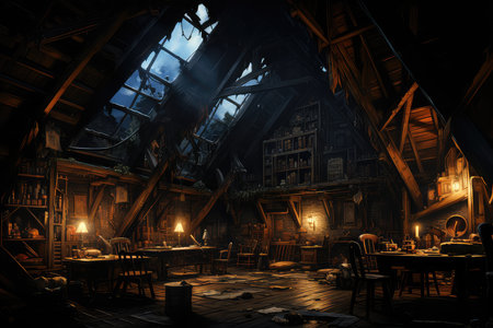 Interior of a wooden house in the dark. 3D renderingの素材