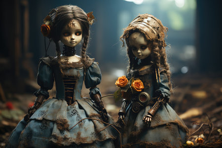 Vintage dolls in a dark abandoned building. Halloween concept. Selective focus.の素材