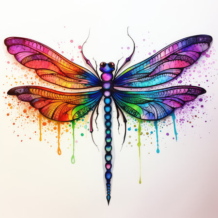Colorful dragonfly on white background with watercolor splashes.の素材