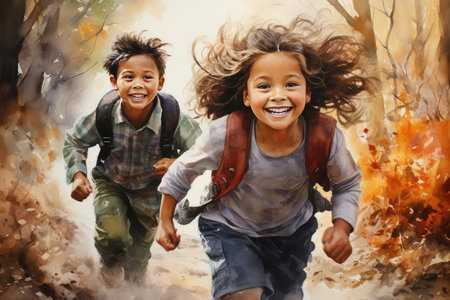 Two children running in the autumn forest. Children with backpacks and backpacks.の素材