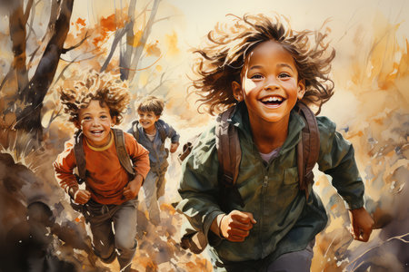 Group of kids having fun in the autumn forest. Children playing outdoors.の素材