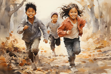 Happy children running in the autumn forest. Watercolor painting style.の素材