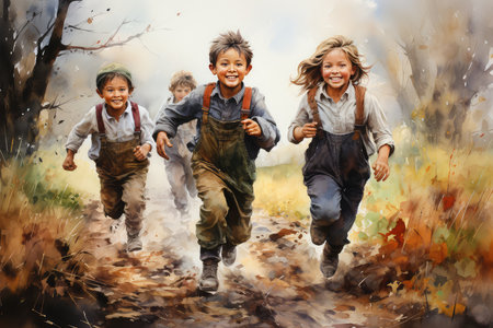 Group of happy kids running in autumn forest. Children playing outdoors.の素材