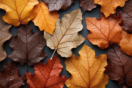 Autumn leaves on a dark background, top view. Autumn backgroundの素材