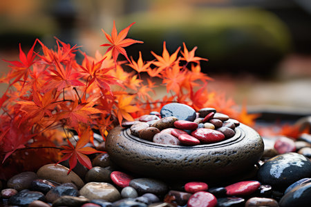 Japanese zen garden with red maple leaves and stone bowl, stock photoの素材