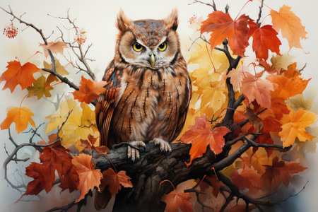 Owl sitting on a tree branch with colorful autumn leaves. Digital painting.の素材
